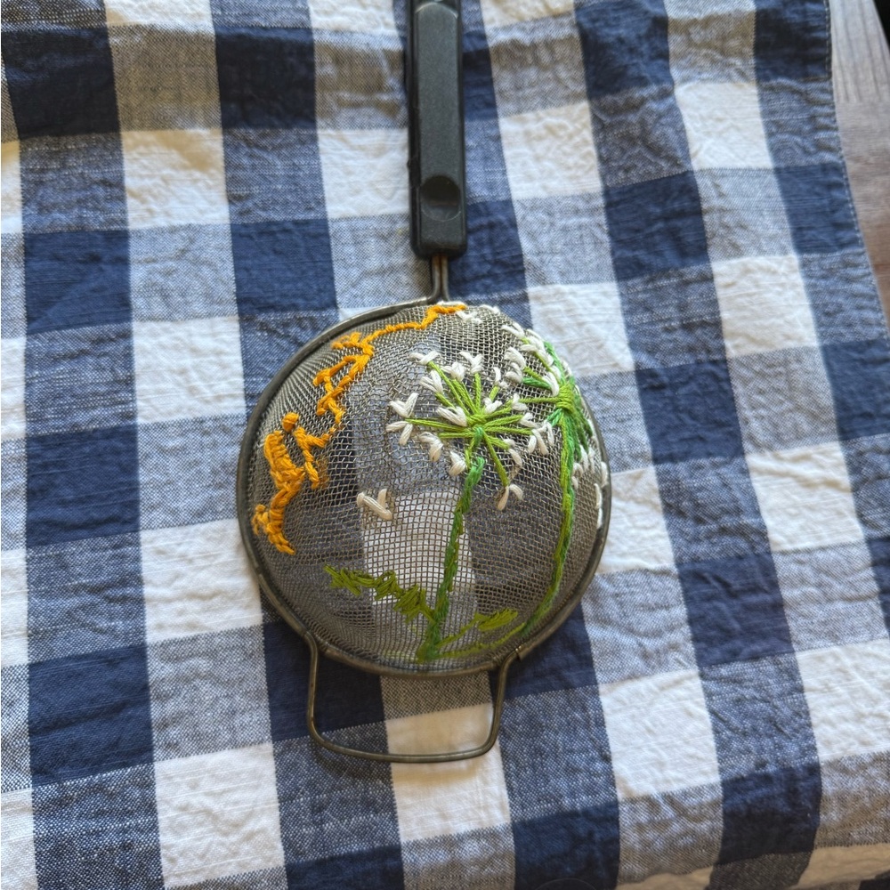 Embroidered Metal Strainer with Floral Design